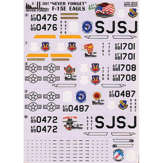 1:48 F-15E Eagles "9-11 Never Forget" Part 1 Decals 48-030 Print Scale