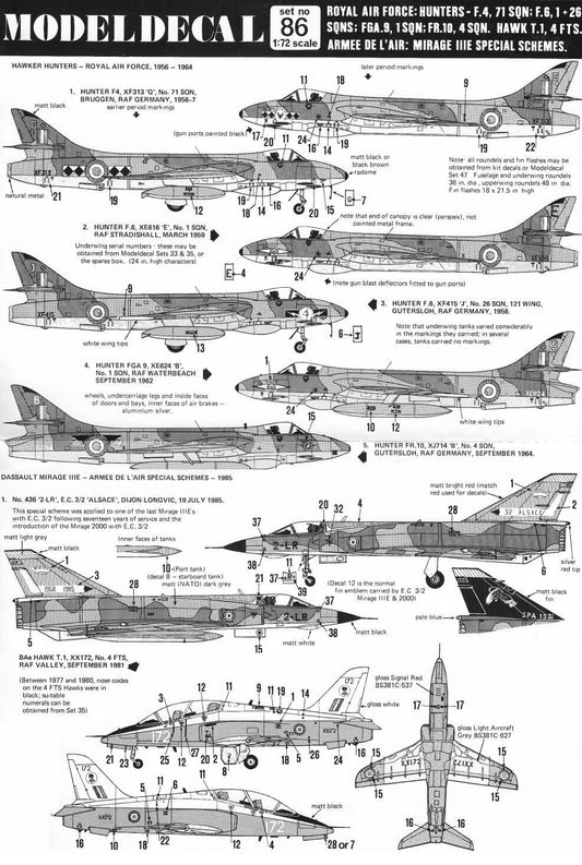 1:72 RAF Hunters F.4 / Hawk T.1; Armée de l'Air: Mirage IIIE No. 86 Modeldecal