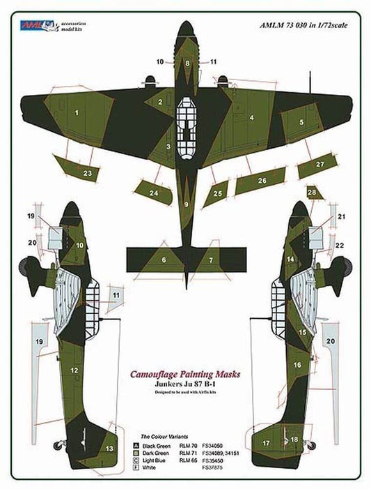 1:72 Junkers Ju 87B-1 "Stuka" Camouflage Masking Set AMLM73030 AML
