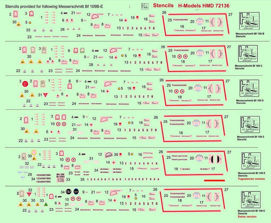 1:72 Messerschmitt Bf-109B,C,D,E Stencils HMD72136 H-Models Decals