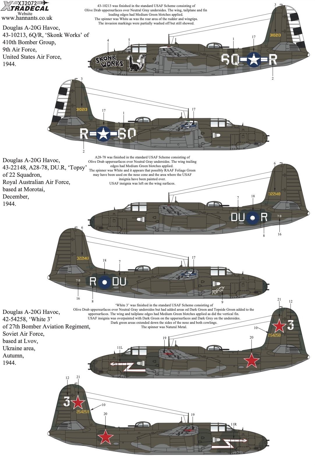 Xtradecal X32072 Douglas A-20G Havoc Collection Decals 1/32