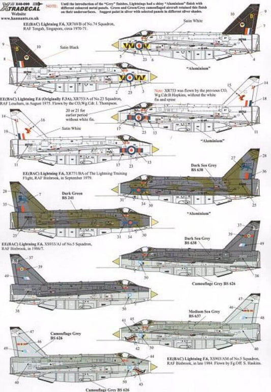 1:48 EE Lightning F.3A and F.6 Decals X48099 Xtradecal
