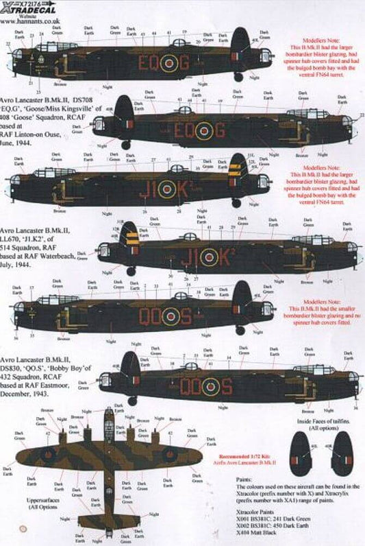 1:72 Avro Lancaster B.Mk.II 1943 Decals X72176 Xtradecal