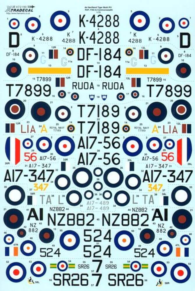 1:72 de Havilland DH.82 Tiger Moth Decals X72190 Xtradecal