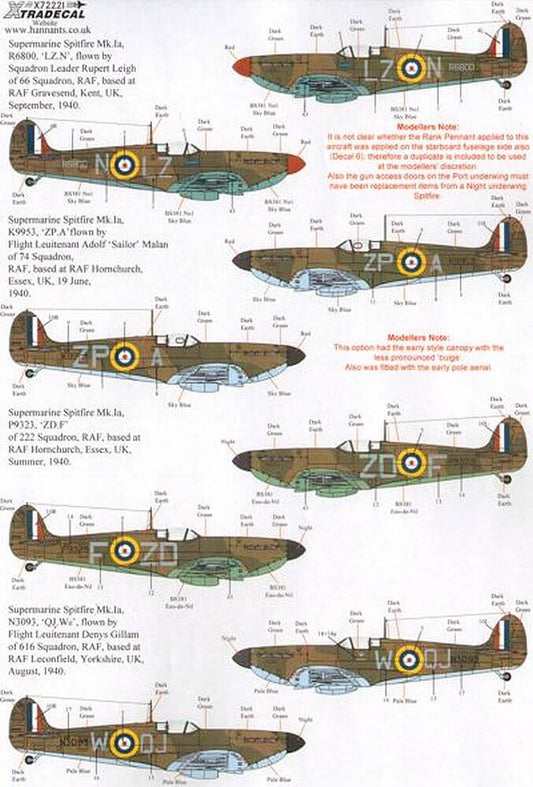 1:72 Spitfire Mk.Ia Battle of Britain 1940 Pt.1 X72221 Xtradecal