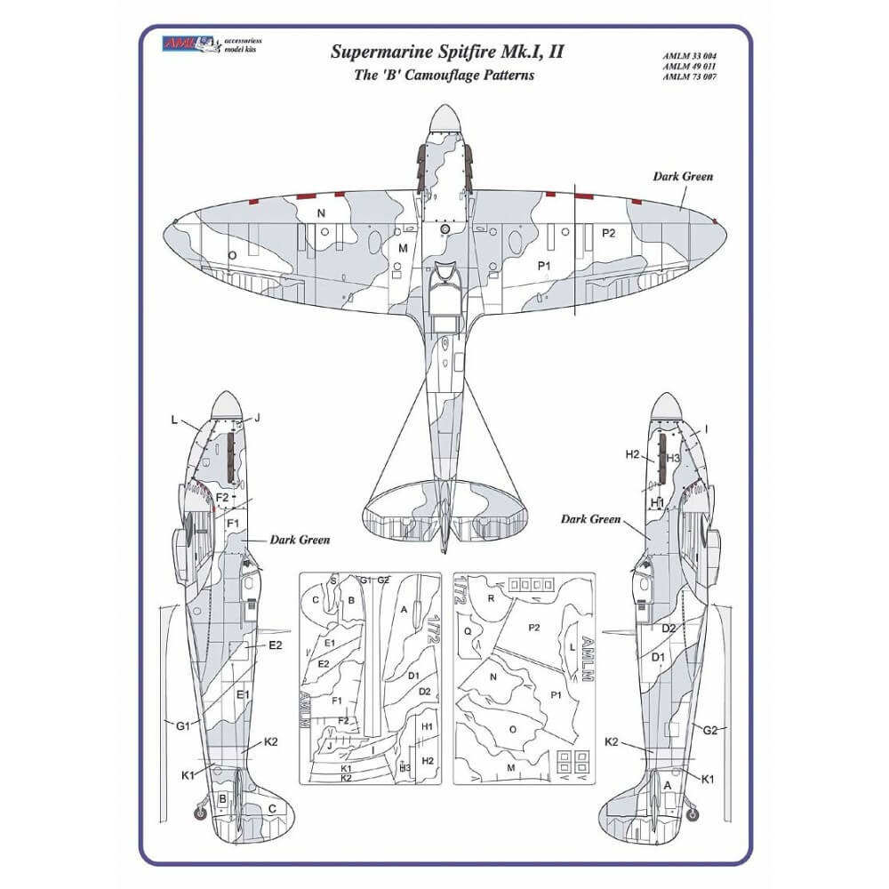 1:72 Spitfire Mk.I, Mk.II The "B" Camouflage Masking Set AMLM73007 AML