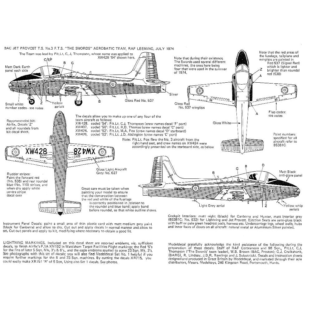 Modeldecal 28 1/72 Canberra, Lightning, Hunter, Jet Provost Decals