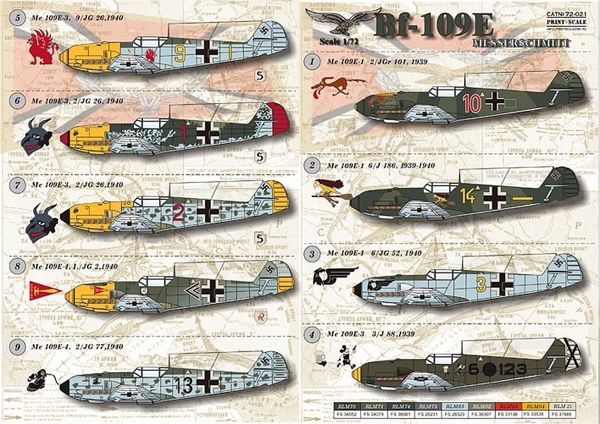 Print Scale 72-021 Messerschmitt Bf-109E Part 1 Model Decals 1/72
