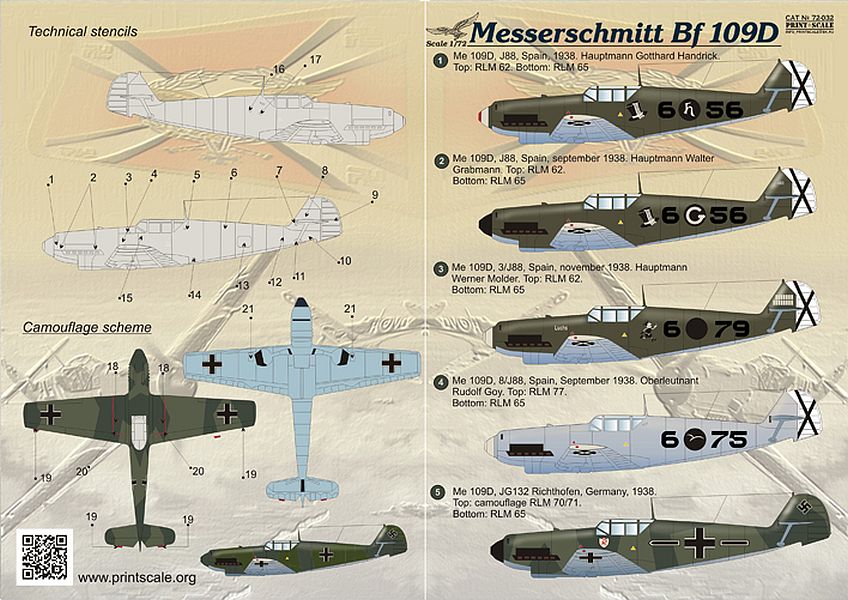 Print Scale 72-032 1/72 Messerschmitt Bf-109D Model Decals
