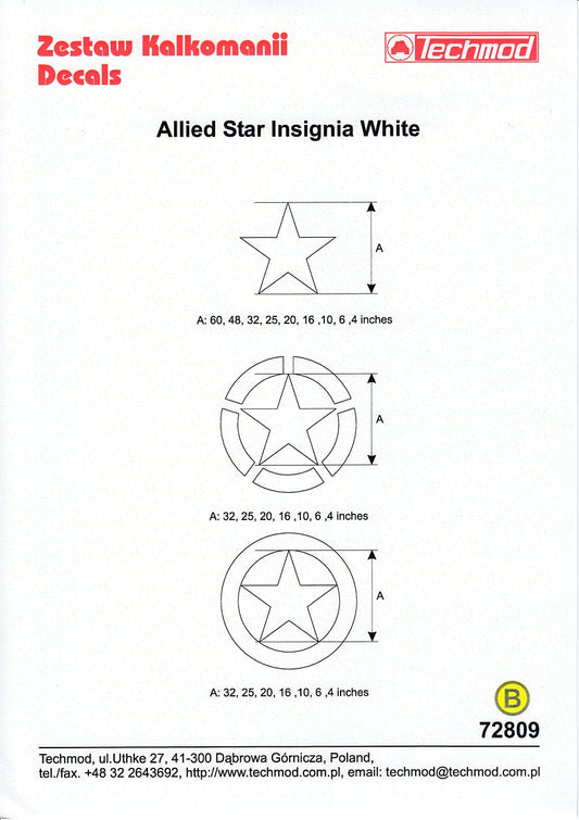 Techmod 72809 Allied Star Insignia White Decals 1/72