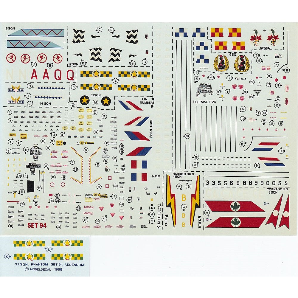 Modeldecal 94 1/72 F-4 Phantom II, Tornado, Lightning Decals