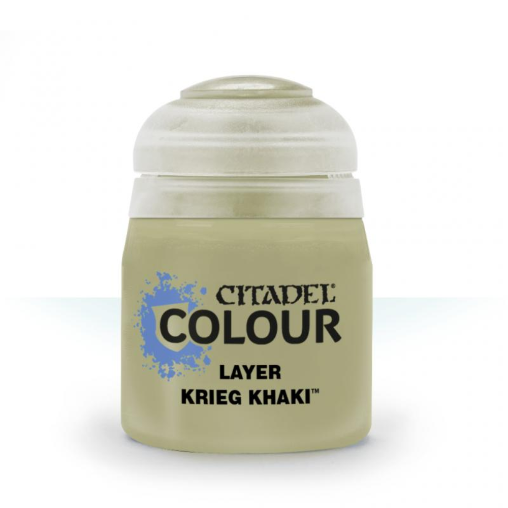 A 12ml container of Citadel Layer acrylic paint in the color 'Krieg Khaki'. The product is designed for painting miniatures and provides a rich, natural finish.