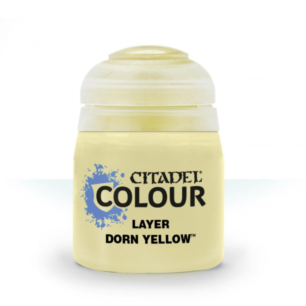 A 12ml container of Citadel Layer paint in Dorn Yellow color, designed for painting miniatures.