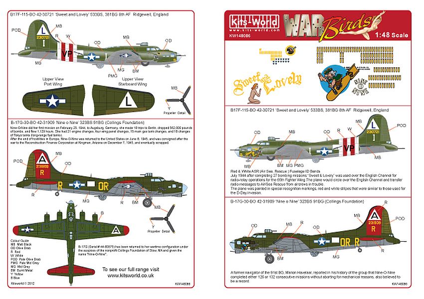 Kits-World KW148086 1/48 B-17 Flying Fortress 'Nine O Nine' Model Decals