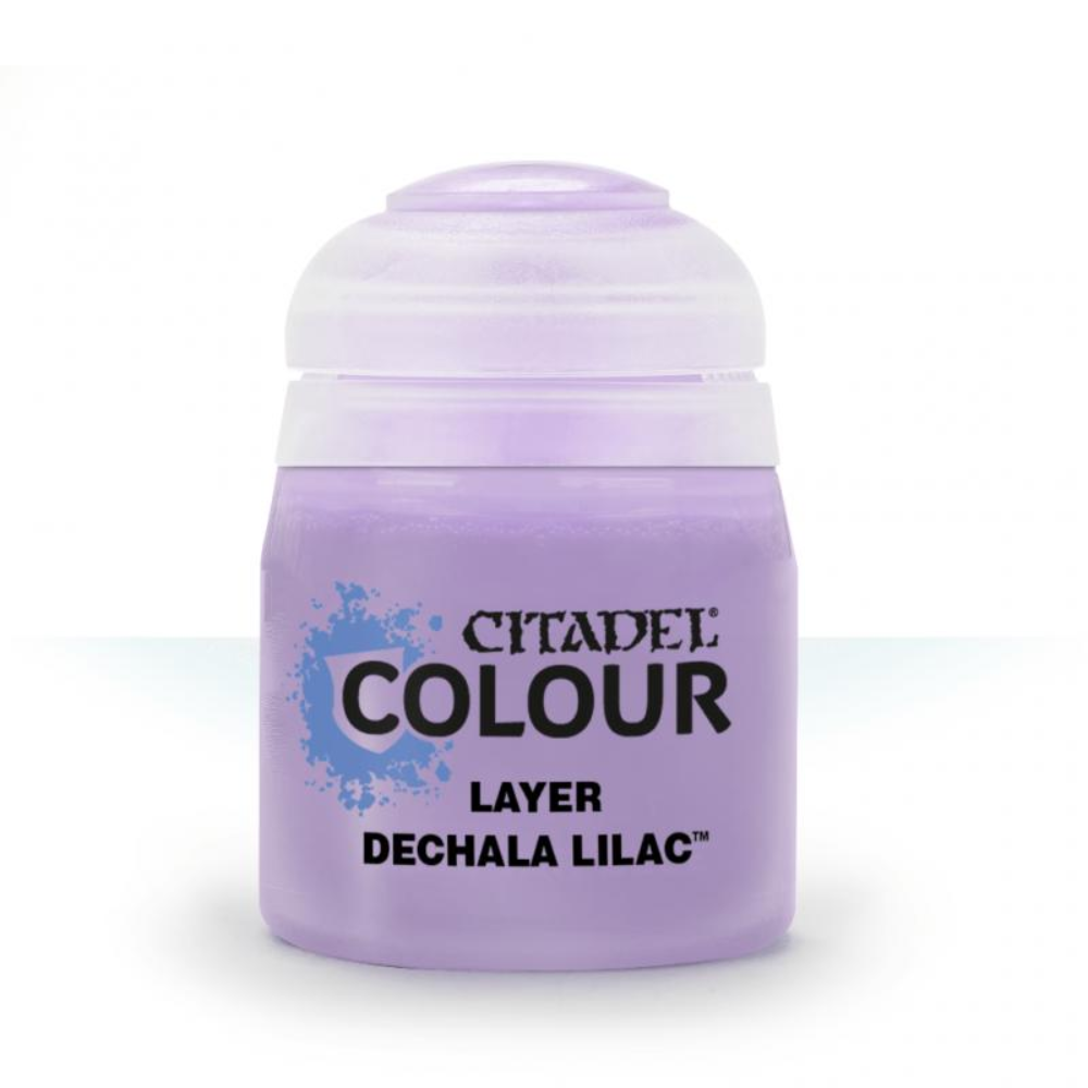A 12ml bottle of Citadel Layer acrylic paint in the color Dechala Lilac.