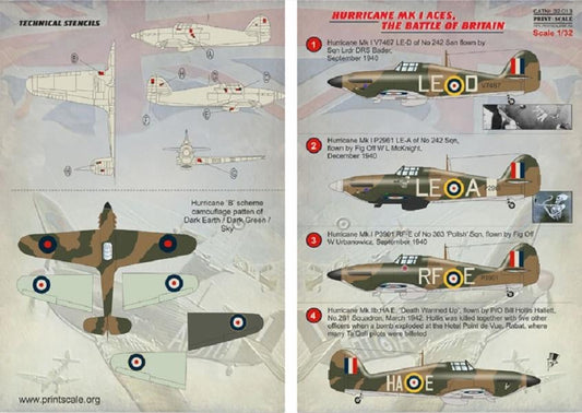 Print Scale 32-013 1/32 Hawker Hurricane Mk.I Aces. The Battle of Britain Model Decals - SGS Model Store