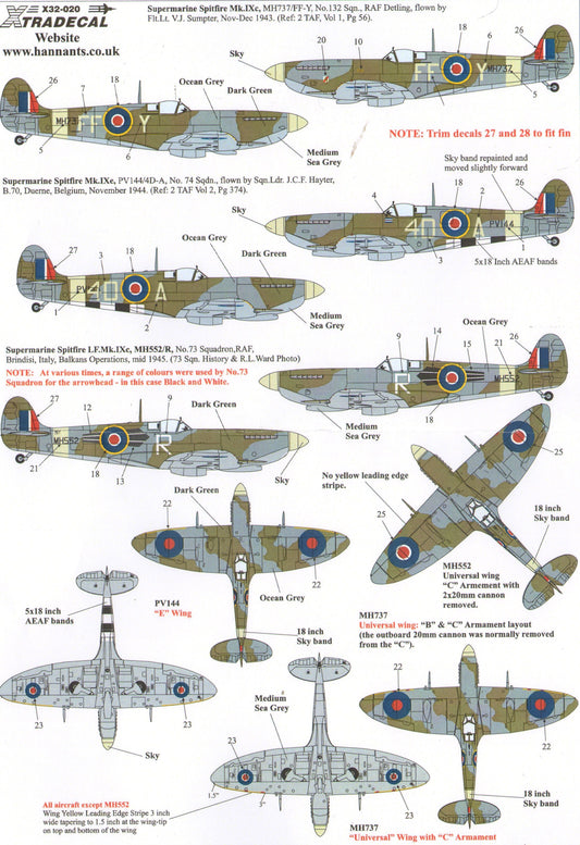 Xtradecal X32020 1/32 Supermarine Spitfire Mk.IXc Model Decals - SGS Model Store