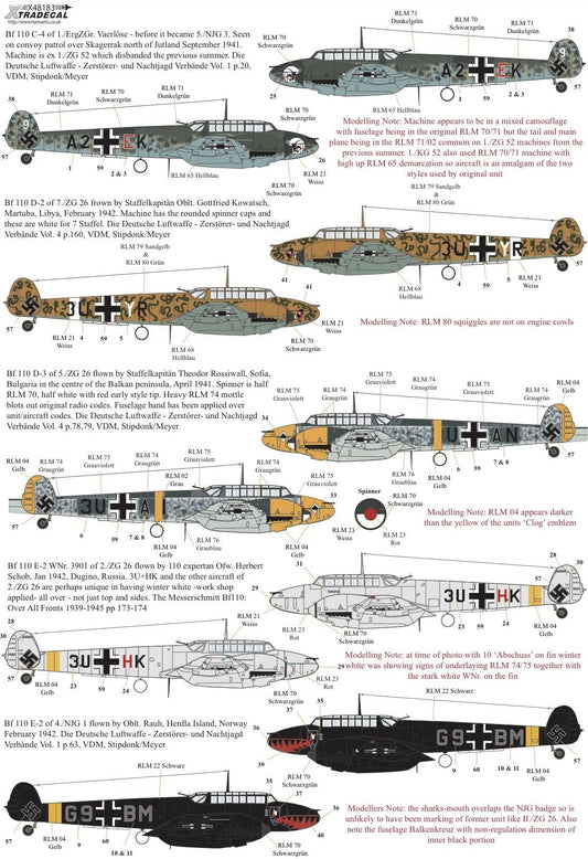 Xtradecal X48183 1/48 Messerschmitt Bf-110 C,D,E,F,G Model Decals - SGS Model Store