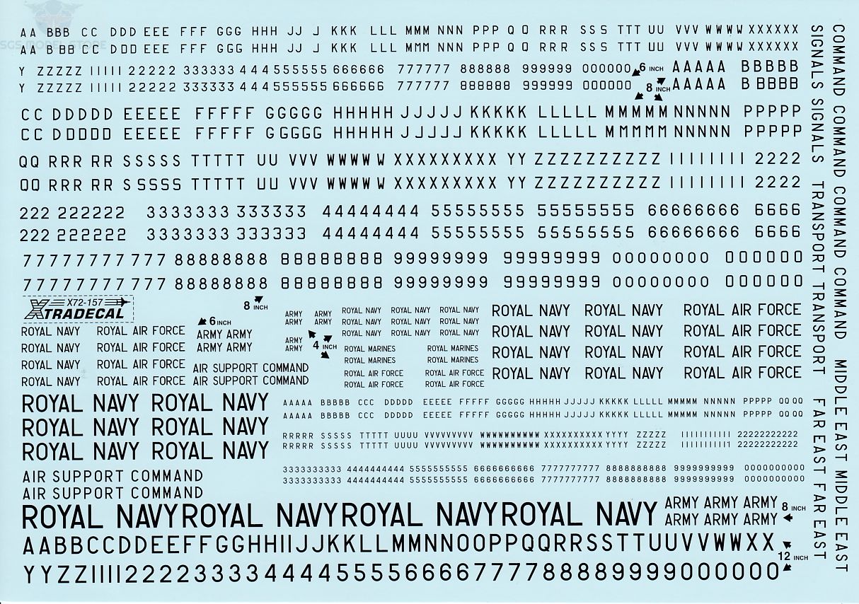 1:72 RAF 4, 6, 8 and 12 inch Black Letters, Numerals and Titles X72157 Xtradecal