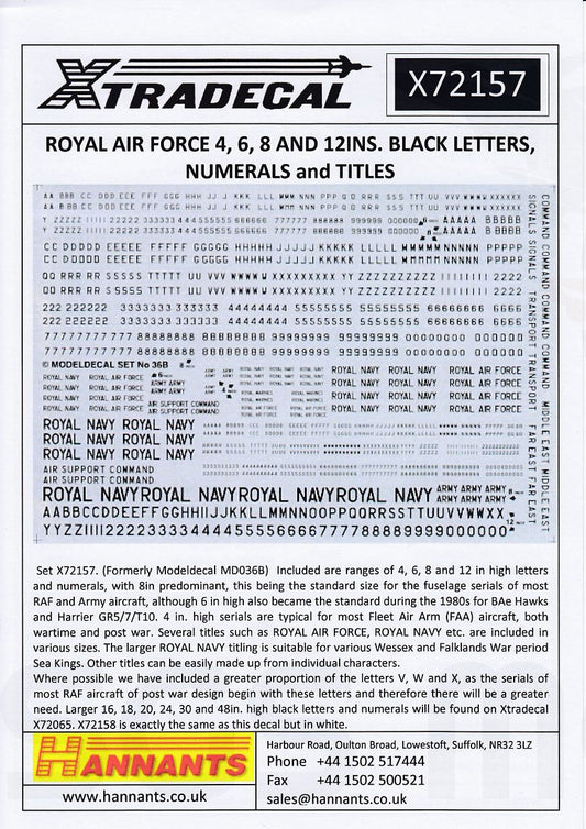 1:72 RAF 4, 6, 8 and 12 inch Black Letters, Numerals and Titles X72157 Xtradecal
