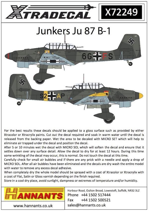 Xtradecal X72249 1/72 Junkers Ju 87 B-1 Model Decals – SGS Model Store