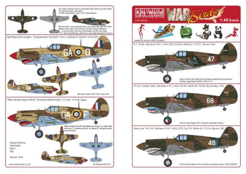 Kits-World KW148058 1/48 P-40Bs of the RAF & the American Vol Group Model Decals - SGS Model Store