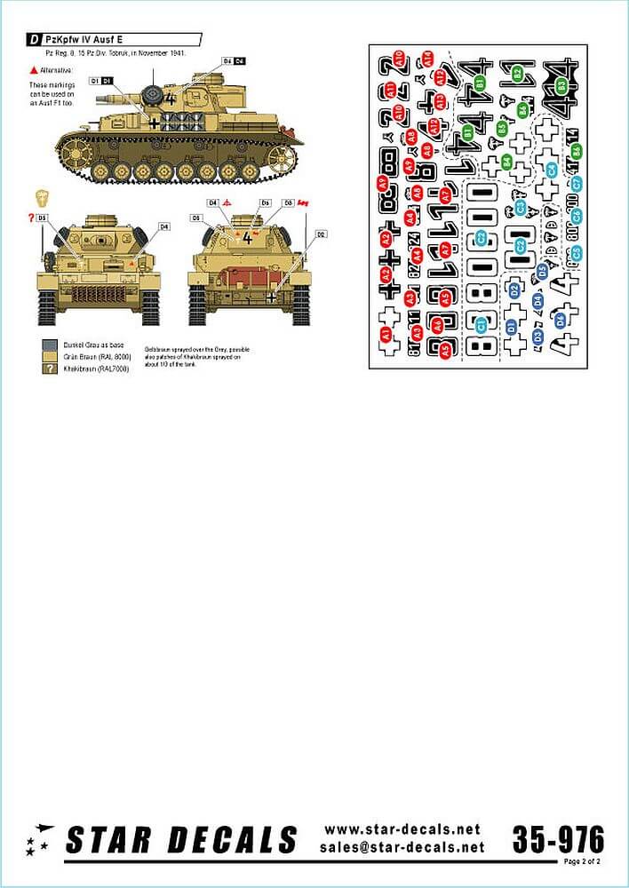 1:35 DAK Afrika Mix #1 PzKpfw IV Ausf D/E 35-976 Star Decals