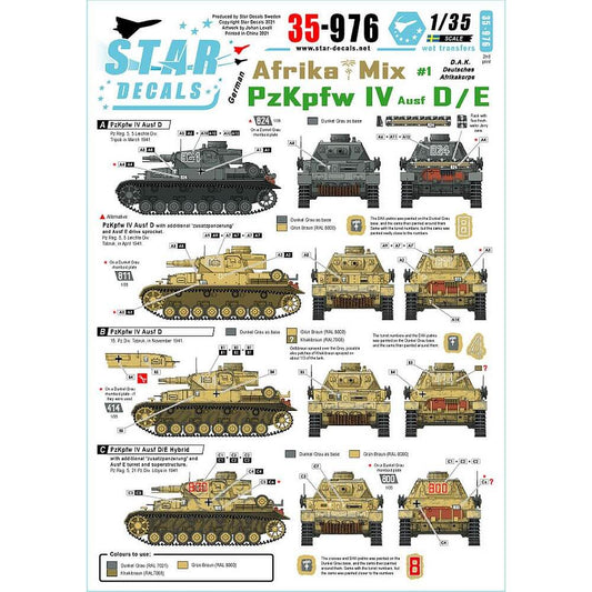 1:35 DAK Afrika Mix #1 PzKpfw IV Ausf D/E 35-976 Star Decals