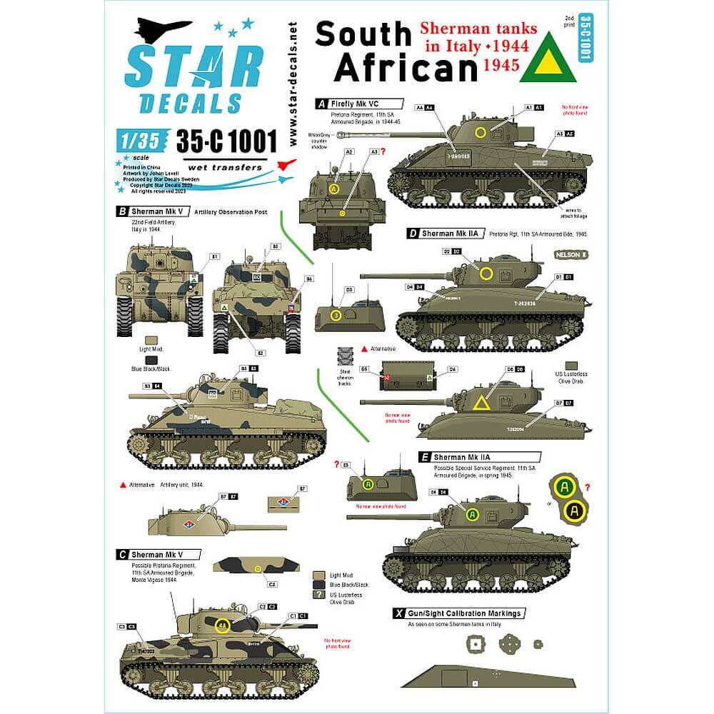 1:35 South African Sherman Tanks in Italy 1944-45 35-C1001 Star Decals