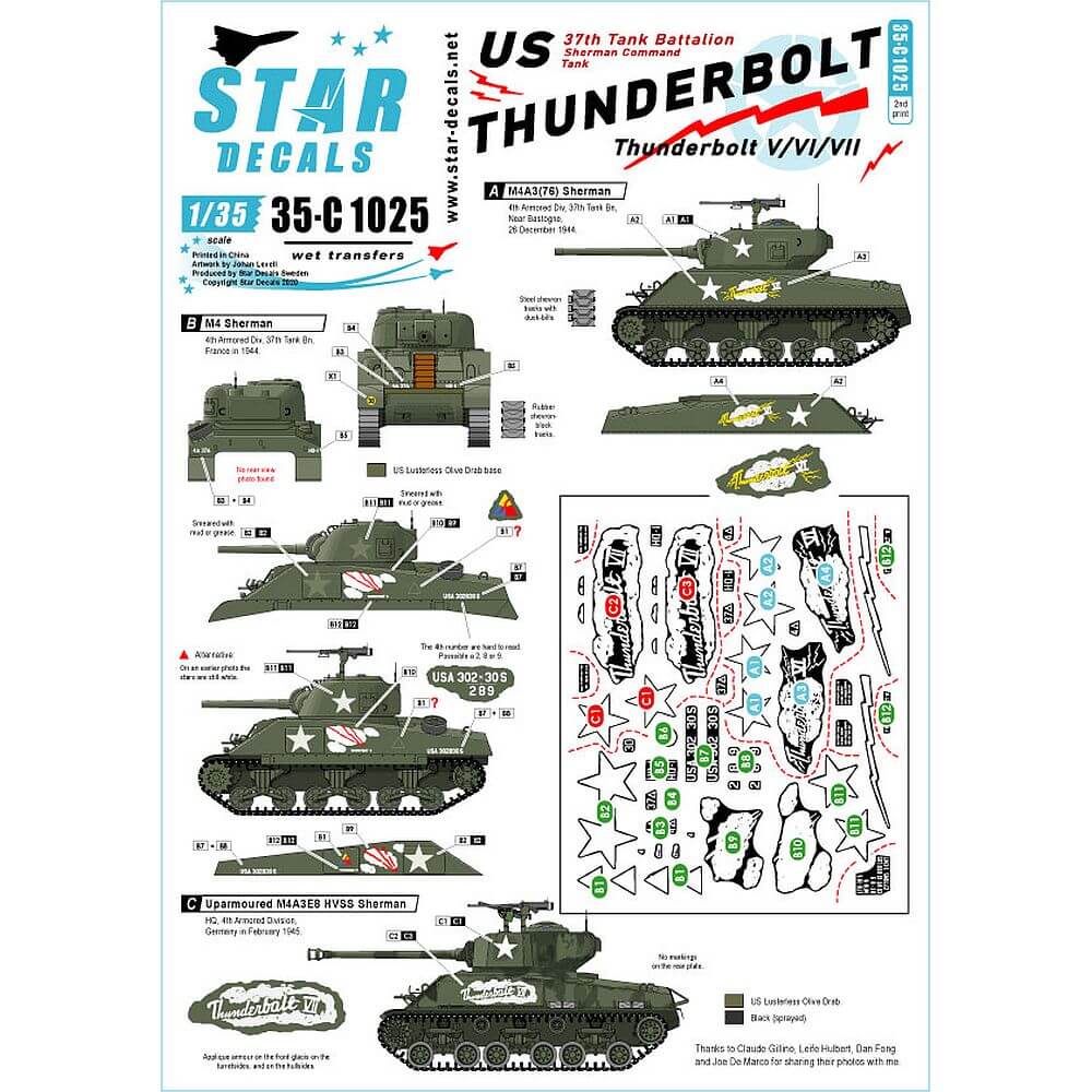 1:35 Sherman Command Tank Thunderbolt V/VI/VII 35-C1025 Star Decals