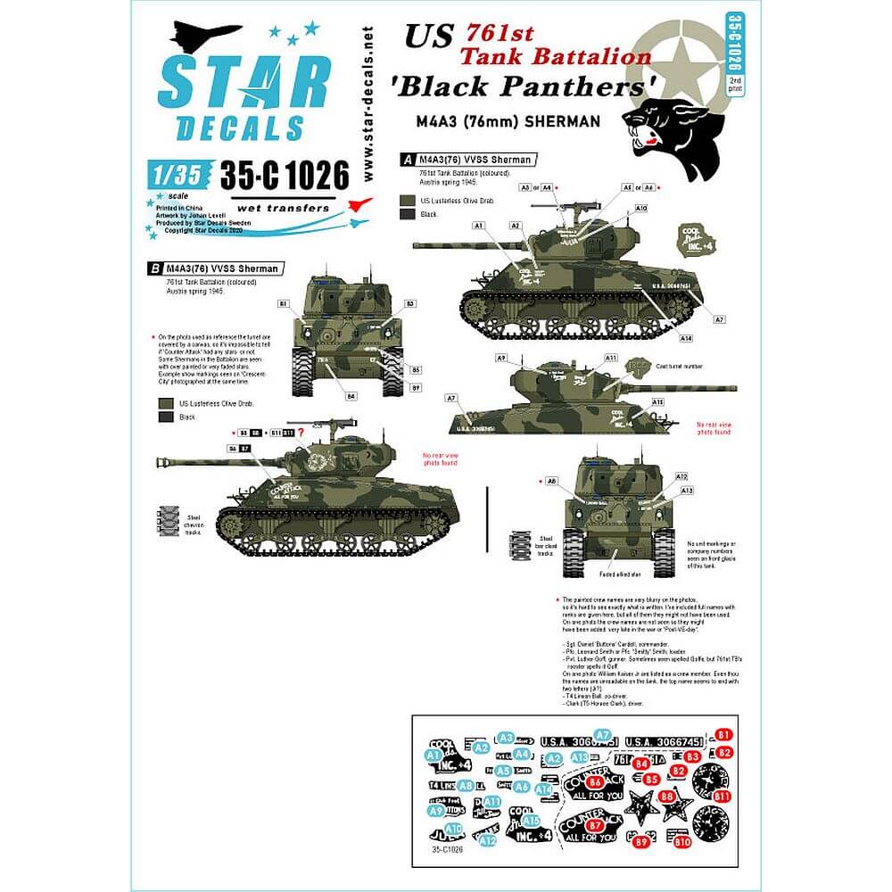 1:35 US 761st Tank Battalion Black Panthers 35-C1026 Star Decals