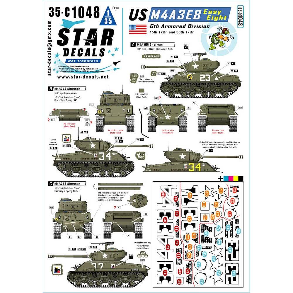 1:35 US M4A3E8 Easy Eight 6th Armored Division 35-C1048 Star Decals