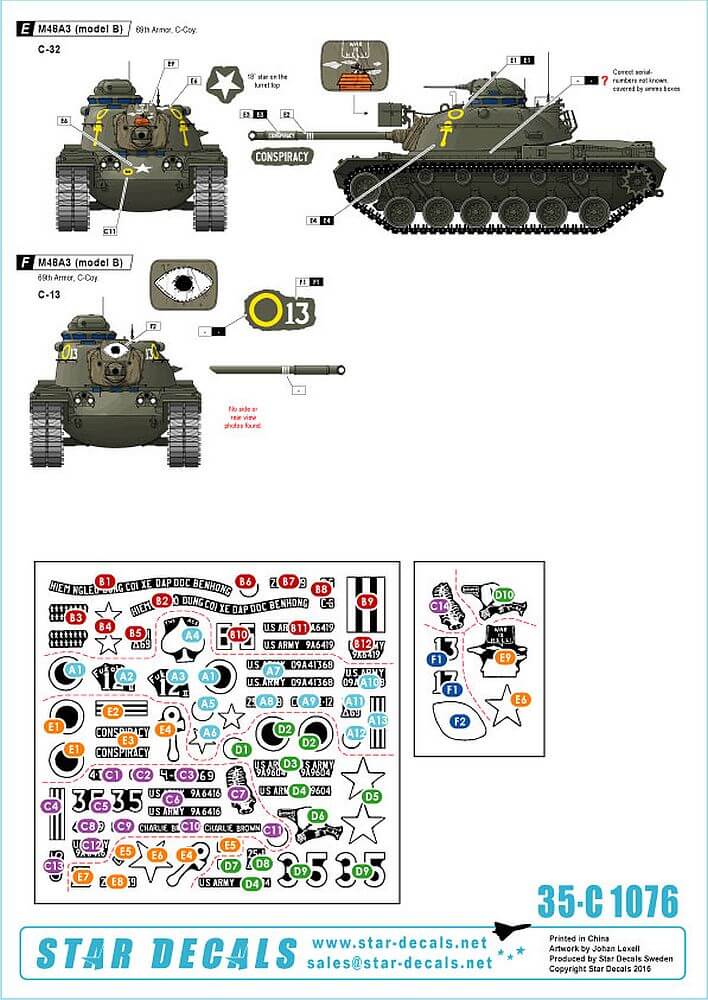 1:35 M48A3 Patton 69th Armored Regiment in Vietnam 35-C1076 Star Decals