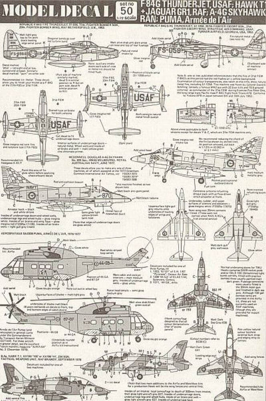 1:72 F-84G Thunderjet, Hawk T1, Jaguar GR1, A-4G Skyhawk, Puma 50 Modeldecal