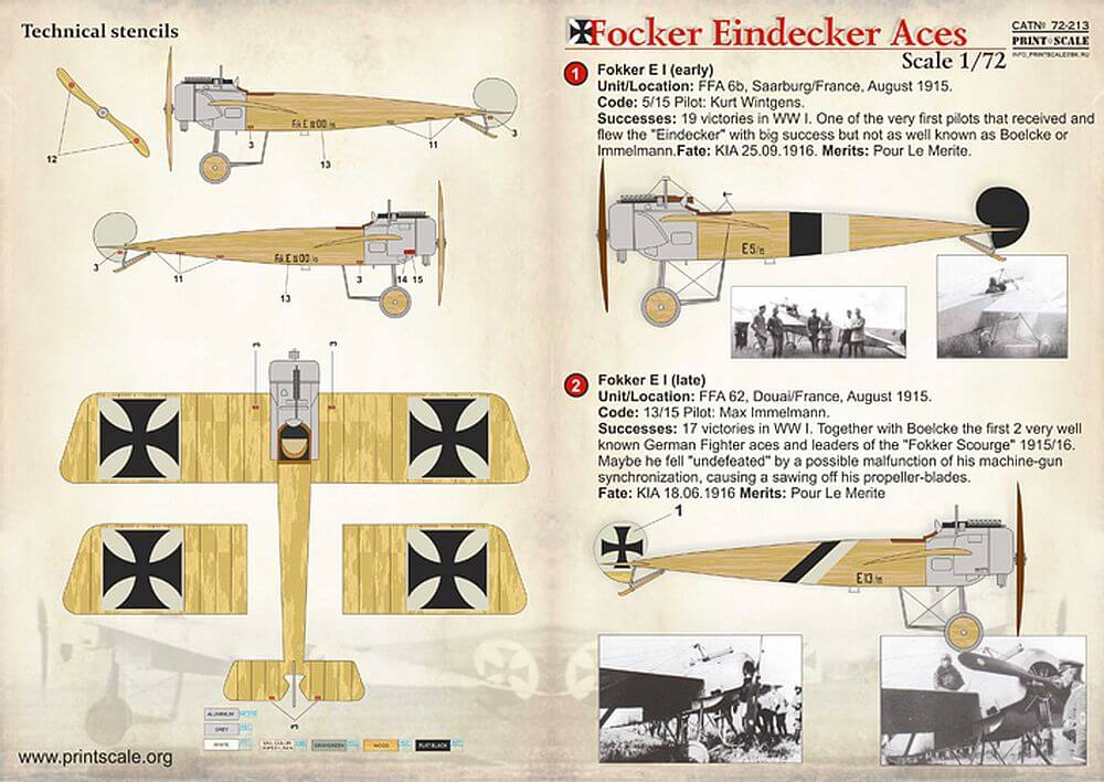 1:72 Focker Eindecker Aces Decals 72-213 Print Scale