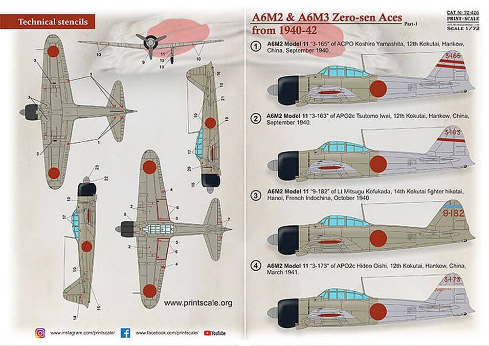 1:72 A6M2 Zero-Sen Aces from 1940-42 Part 1 Decals 72-426 Print Scale