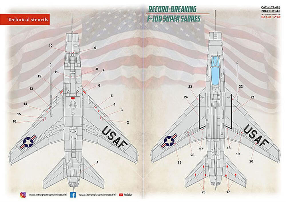 1:72 F-100 Super Sabre Technical Stencils Decals 72-428 Print Scale