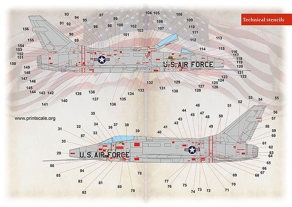 1:72 F-100 Super Sabre Technical Stencils Decals 72-428 Print Scale