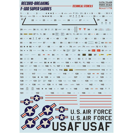 1:72 F-100 Super Sabre Technical Stencils Decals 72-428 Print Scale