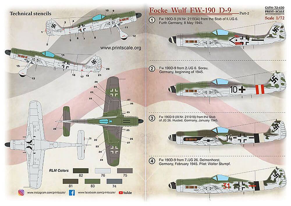 1:72 Focke-Wulf Fw-190D-9 Part 2 Decals 72-430 Print Scale