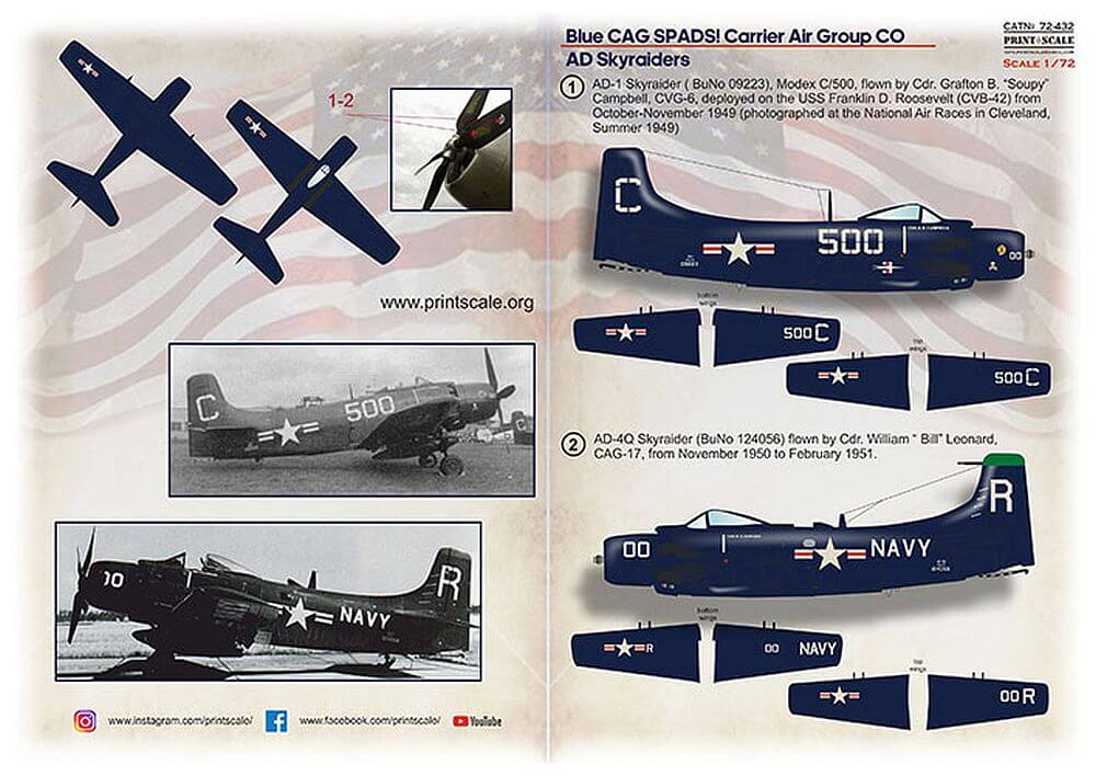 1:72 Blue CAG SPADS Carrier Air Group CO AD Skyraiders 72-432 Print Scale