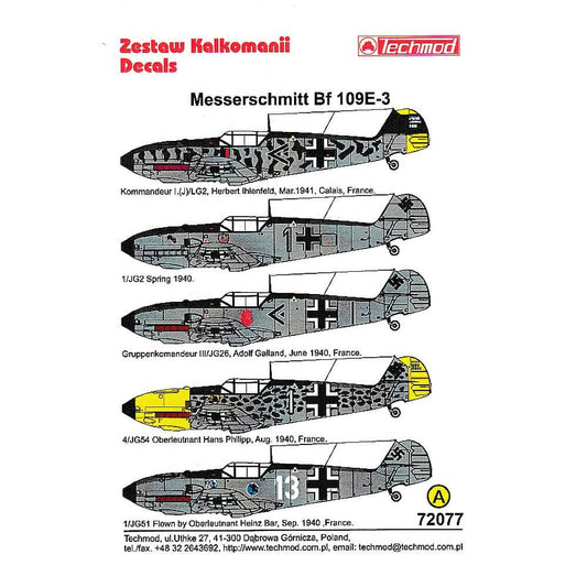 1:72 Messerschmitt Bf-109E-3 Decals 72077 Techmod