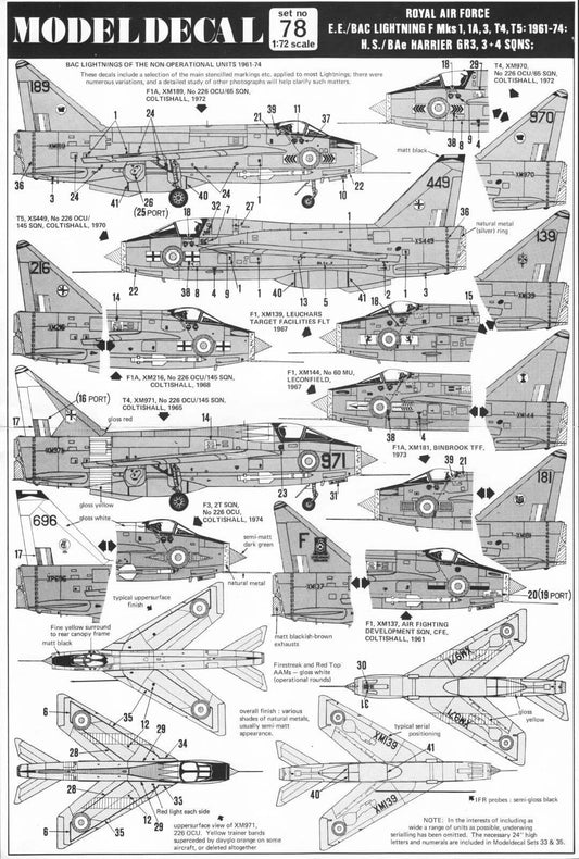 1:72 RAF Lightning F.1/T.4/5 Harrier TFF AFDS 60 MU 226 OCU/65 Sqn 78 Modeldecal