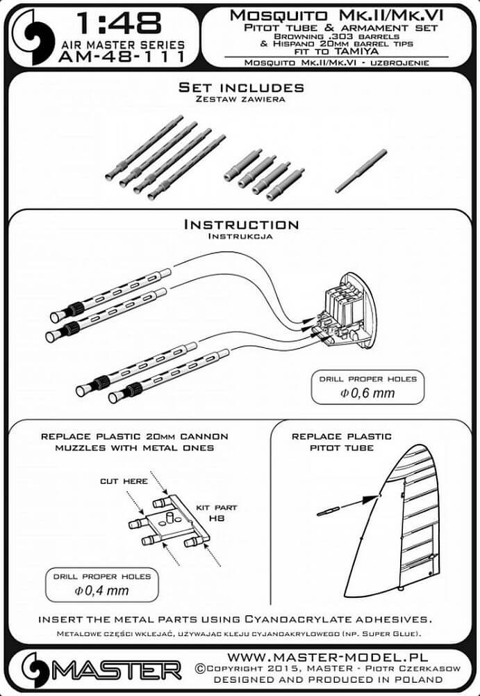 1:48 Mosquito NF.II/FB.VI Pitot Tube & Armament Set AM-48-111 Master