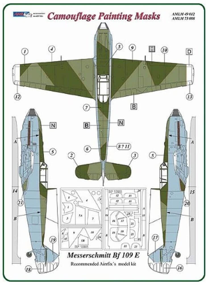 1:72 Messerschmitt Bf109E Late Camouflage Masking Set AMLM73008 AML