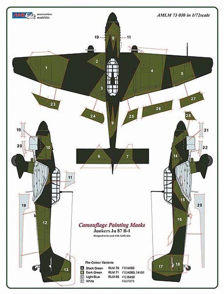1:72 Junkers Ju 87B-1 "Stuka" Camouflage Masking Set AMLM73030 AML