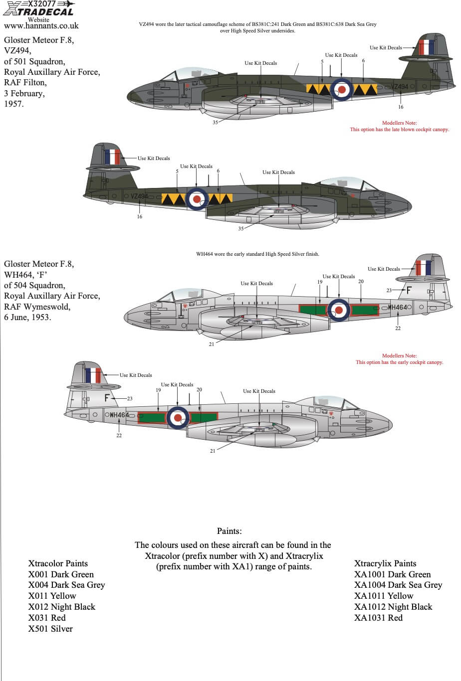 1:32 Gloster Meteor F.8 Collection Decals X32077 Xtradecal