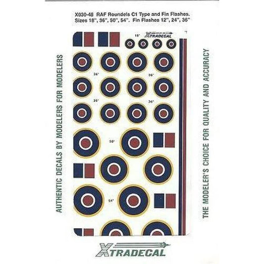 1:48 RAF Roundels C1 Type and Fin Flashes. Sizes 18', 36', 50' X48030 Xtradecal