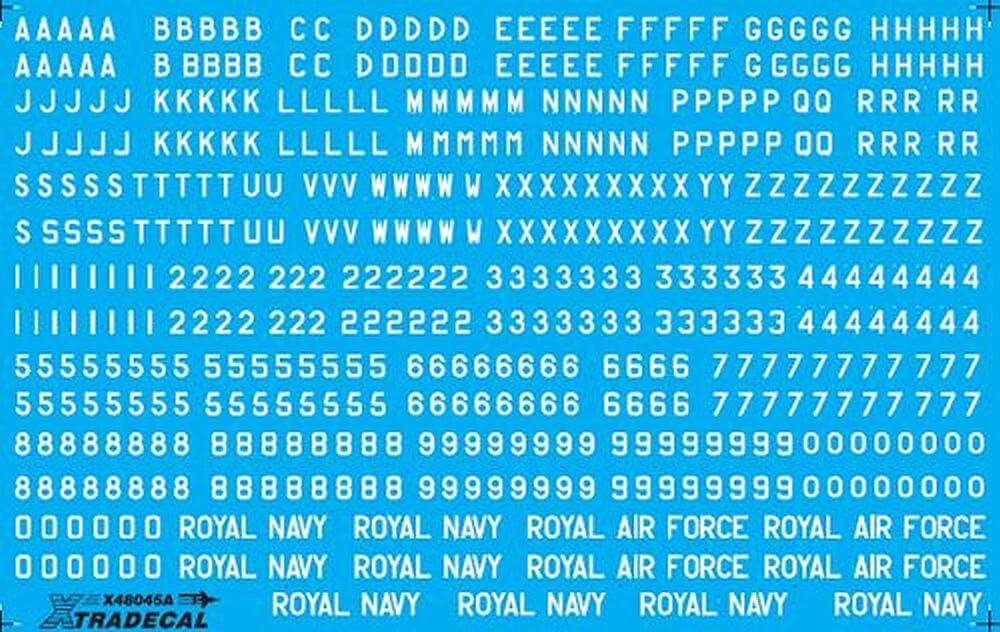 1:48 RAF White Letters, Numerals 4" ,8" and 12" Decals X48045 Xtradecal