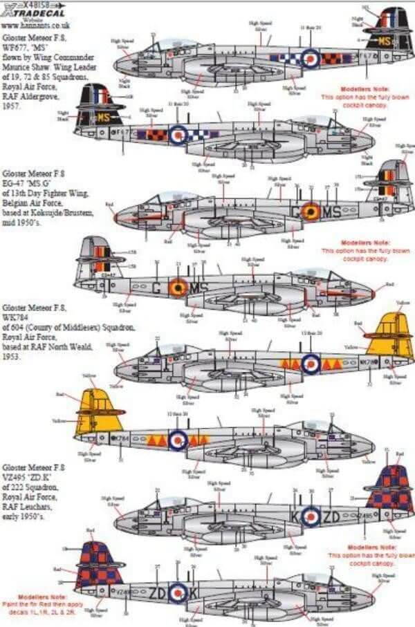 1:48 Gloster Meteor F.8 Collection Pt 1 Decals X48158 Xtradecal